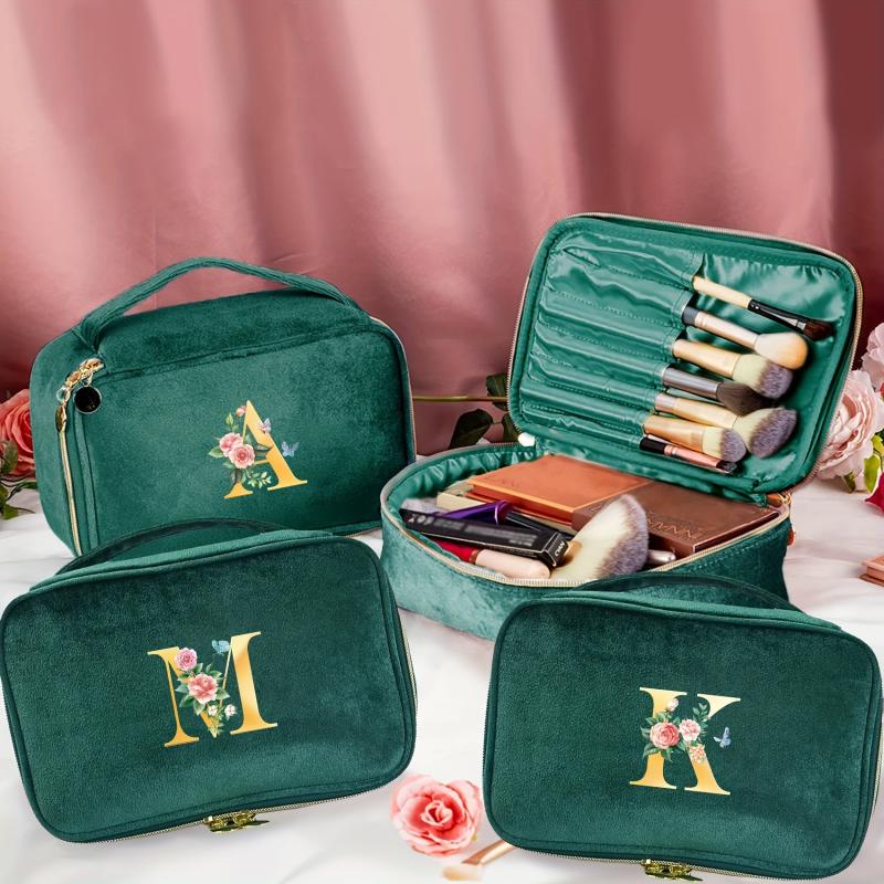 Green Velvet Makeup Bag Cosmetic Pouch with Initial Letter Print