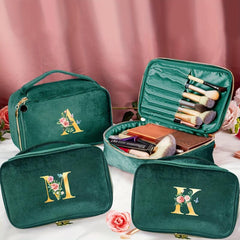 Green Velvet Makeup Bag Cosmetic Pouch with Initial Letter Print
