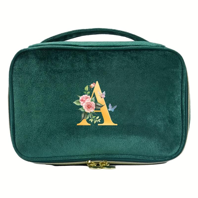 Green Velvet Makeup Bag Cosmetic Pouch with Initial Letter Print