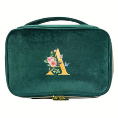 Green Velvet Makeup Bag Cosmetic Pouch with Initial Letter Print