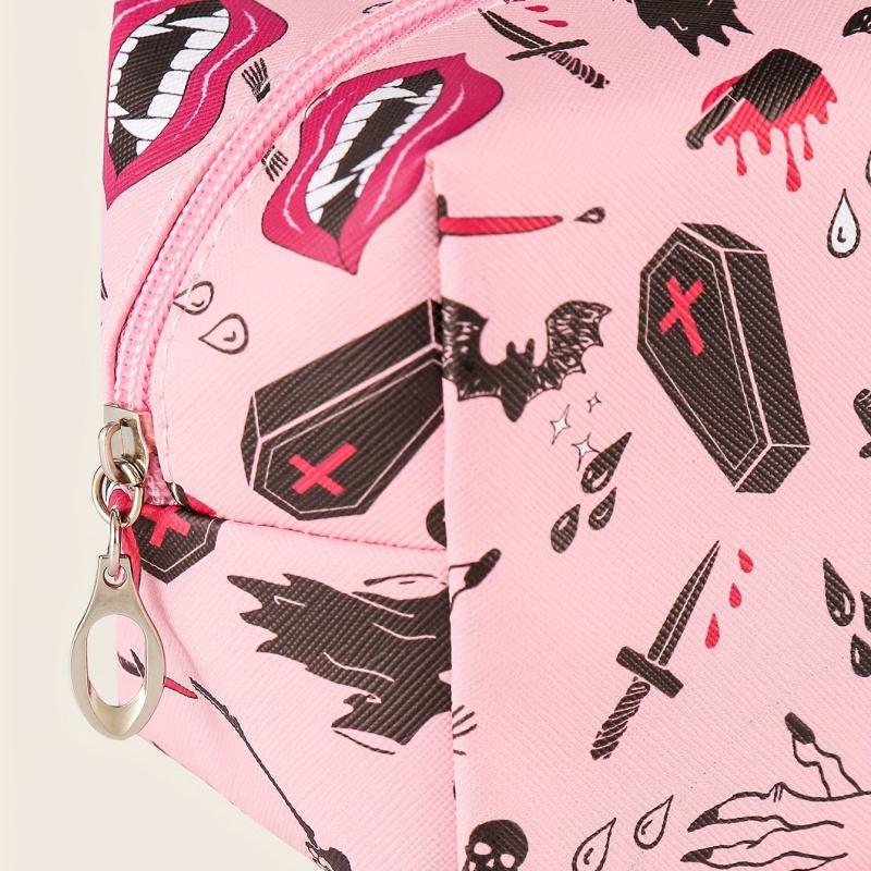 Skeleton Bat Pattern Makeup Bag Pink Square Zipper Pouch