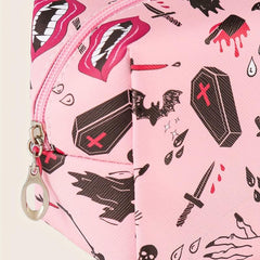 Skeleton Bat Pattern Makeup Bag Pink Square Zipper Pouch