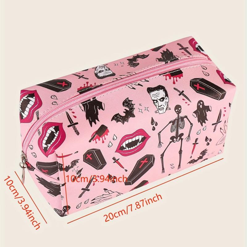 Skeleton Bat Pattern Makeup Bag Pink Square Zipper Pouch