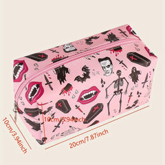 Skeleton Bat Pattern Makeup Bag Pink Square Zipper Pouch