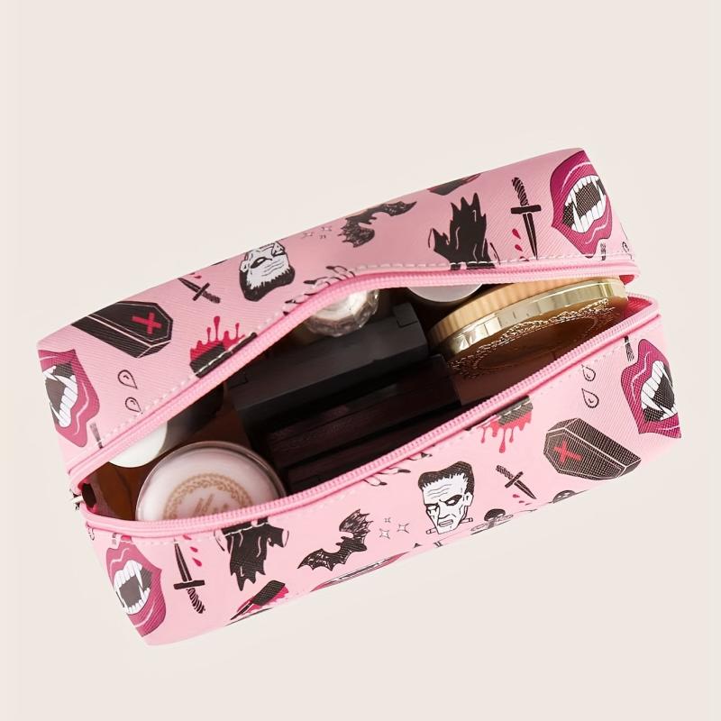 Skeleton Bat Pattern Makeup Bag Pink Square Zipper Pouch