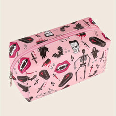 Skeleton Bat Pattern Makeup Bag Pink Square Zipper Pouch