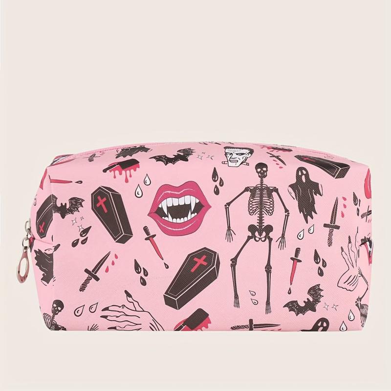 Skeleton Bat Pattern Makeup Bag Pink Square Zipper Pouch