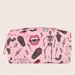 Skeleton Bat Pattern Makeup Bag Pink Square Zipper Pouch