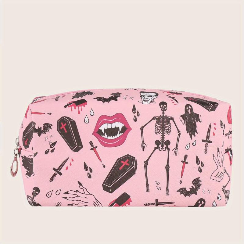 Skeleton Bat Pattern Makeup Bag Pink Square Zipper Pouch