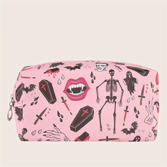 Skeleton Bat Pattern Makeup Bag Pink Square Zipper Pouch