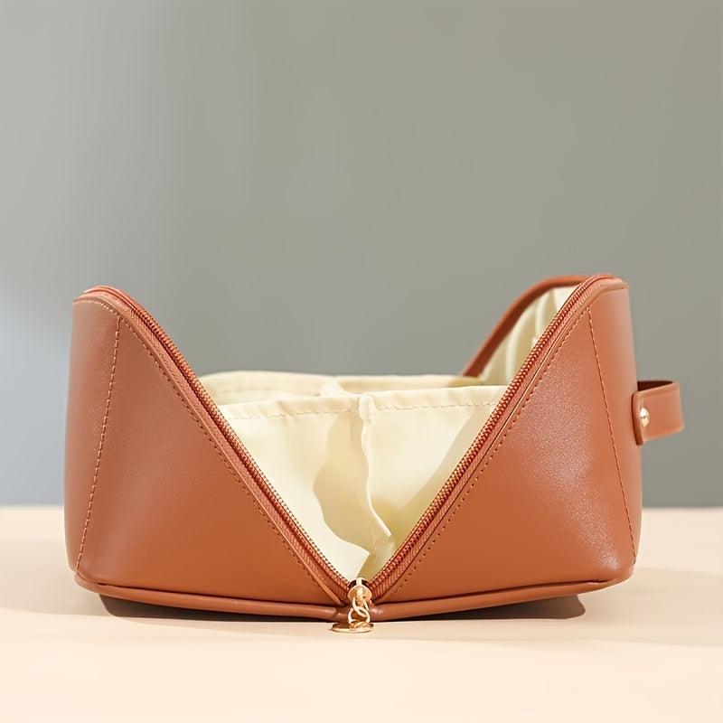 Waterproof Leather Travel Cosmetic Bag with Handle Large Capacity