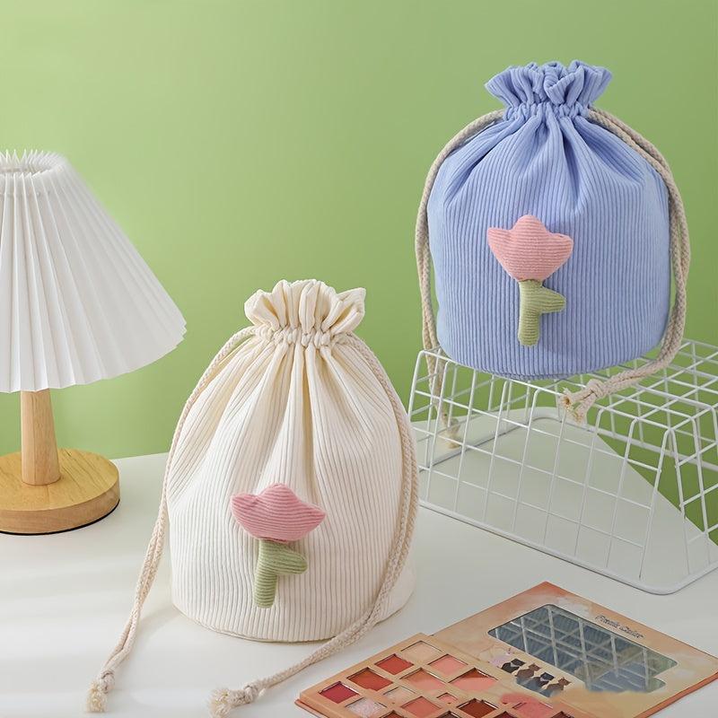 Corduroy Drawstring Makeup Bag with Tulip Beige Pink
