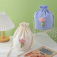 Corduroy Drawstring Makeup Bag with Tulip Beige Pink