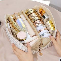 Plaid Pattern Cosmetic Bag, Large Capacity Travel Makeup Bag, Flat Lay Organizer