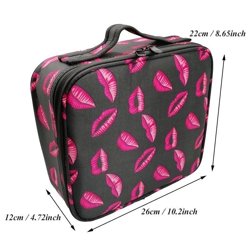 Lip Print Makeup Bag with Dividers, Portable Cosmetic Case for Travel