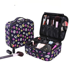 Lip Print Makeup Bag with Dividers, Portable Cosmetic Case for Travel