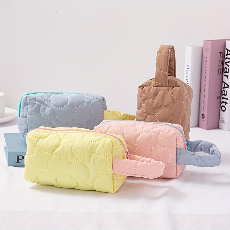 Quilted Makeup Bag Flower Design Storage Pouch with Zipper Closure