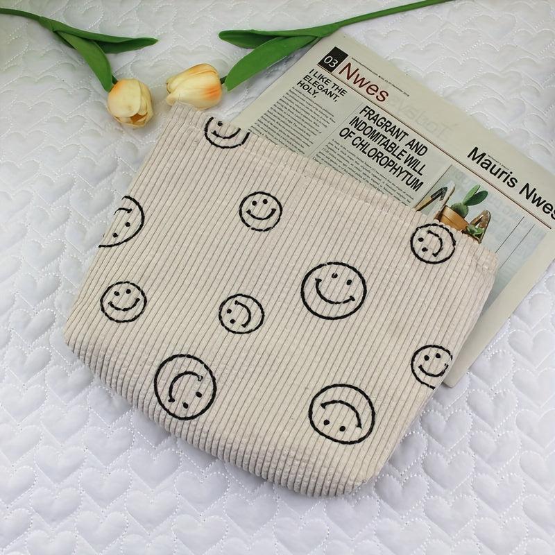 Smile Face Cosmetic Bag Corduroy Large Capacity Makeup Bags For Women