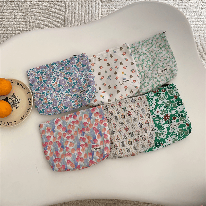 Floral Pattern Makeup Bag Travel Pouch Zipper Cotton Organizer Bag