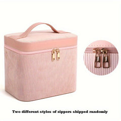 Corduroy Makeup Organizer With Foldable Tray & Handle