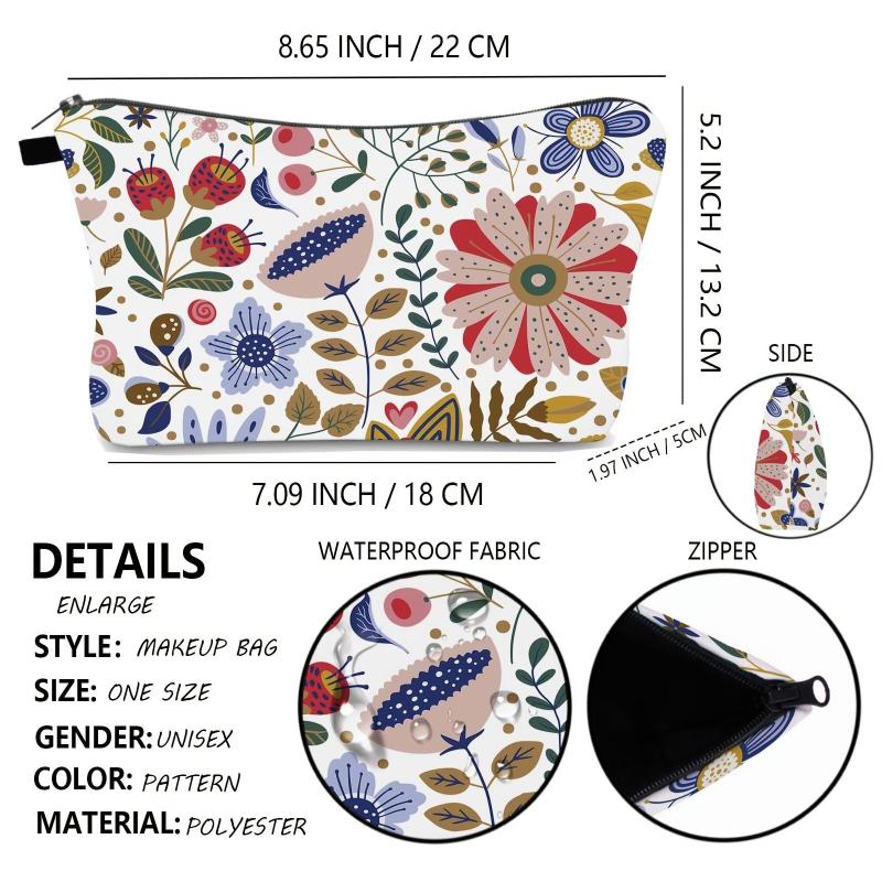 Wild Grasses & Flowers Cosmetic Bag Small Roomy Zipper Makeup Pouch