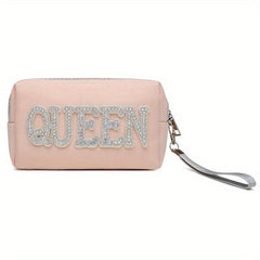 Queen Love Letter Cosmetic Toiletry Bag with Rhinestone Varsity Patches