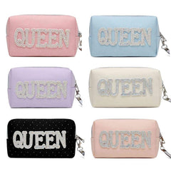 Queen Love Letter Cosmetic Toiletry Bag with Rhinestone Varsity Patches