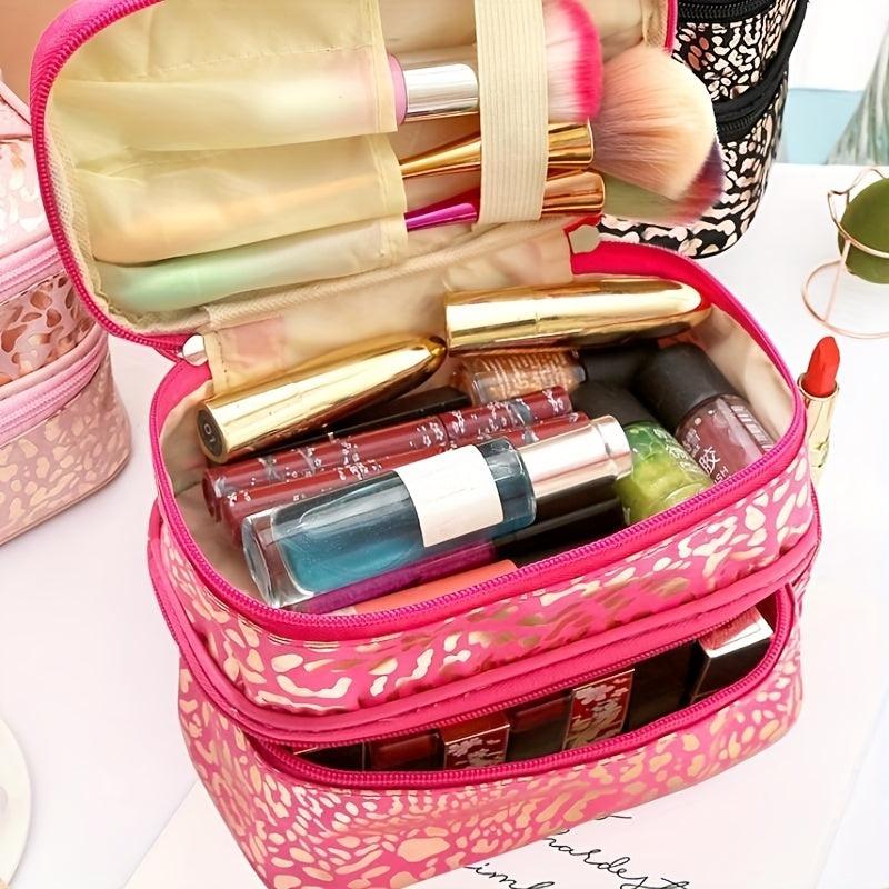 Leopard Print Double Layer Makeup Bag Waterproof Large Capacity Storage Bag
