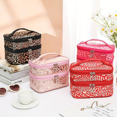 Leopard Print Double Layer Makeup Bag Waterproof Large Capacity Storage Bag