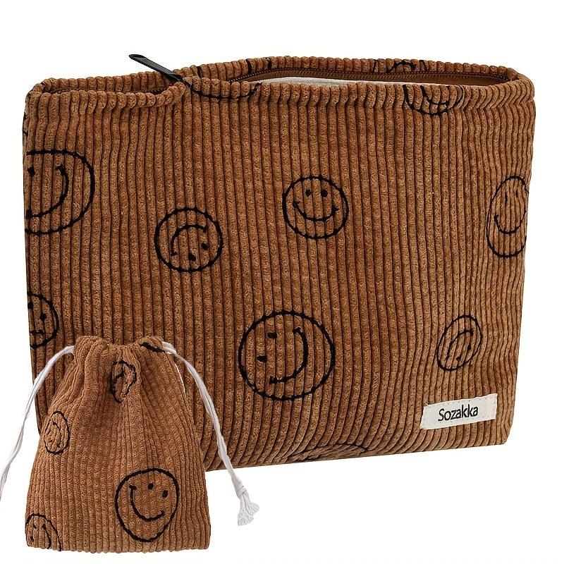 2 Pcs Smile Face Corduroy Cosmetic Bag Makeup Pouch Zipper Travel Girls