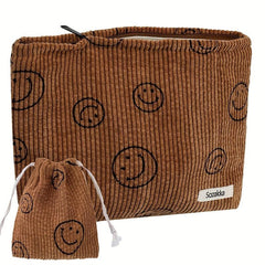 2 Pcs Smile Face Corduroy Cosmetic Bag Makeup Pouch Zipper Travel Girls