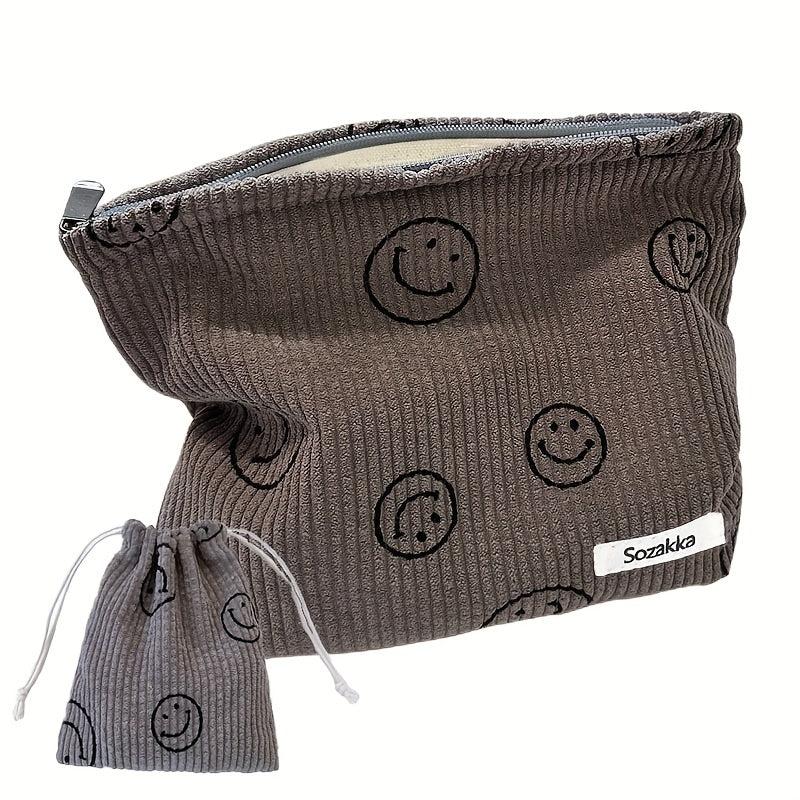 2 Pcs Smile Face Corduroy Cosmetic Bag Makeup Pouch Zipper Travel Girls