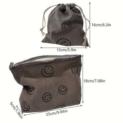 2 Pcs Smile Face Corduroy Cosmetic Bag Makeup Pouch Zipper Travel Girls