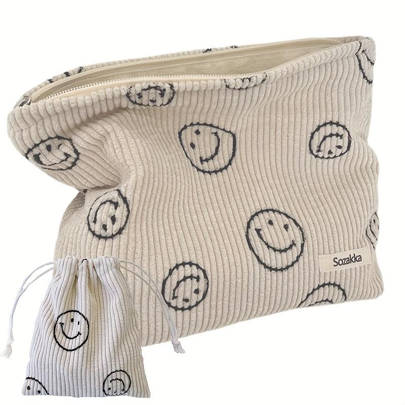 2 Pcs Smile Face Corduroy Cosmetic Bag Makeup Pouch Zipper Travel Girls