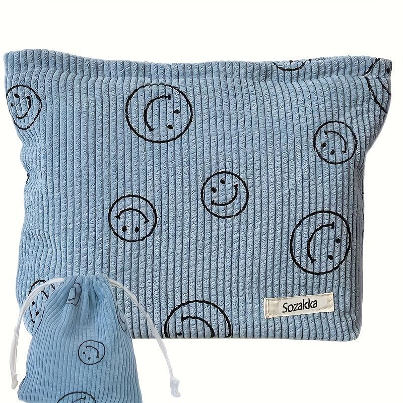 2 Pcs Smile Face Corduroy Cosmetic Bag Makeup Pouch Zipper Travel Girls