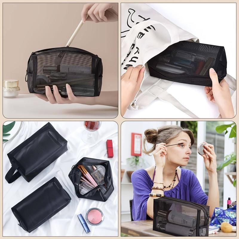 3pcs Portable Mesh Makeup Toiletry Bags with Zipper, Lightweight and Spacious