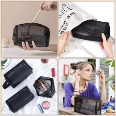 3pcs Portable Mesh Makeup Toiletry Bags with Zipper, Lightweight and Spacious