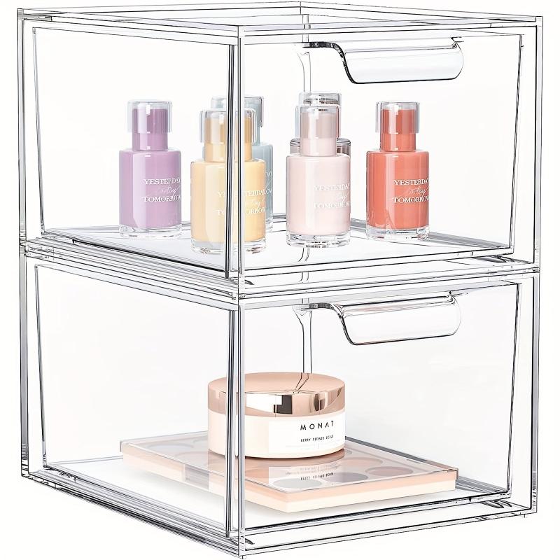 2 Pack Makeup Organizer Clear Plastic Drawer Vanity Kitchen Cabinet Storage