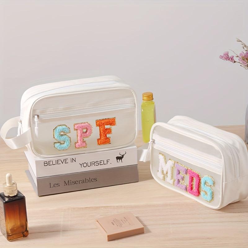 SPF Makeup Bag with Preppy Letter Patch for Teen Girls and Women