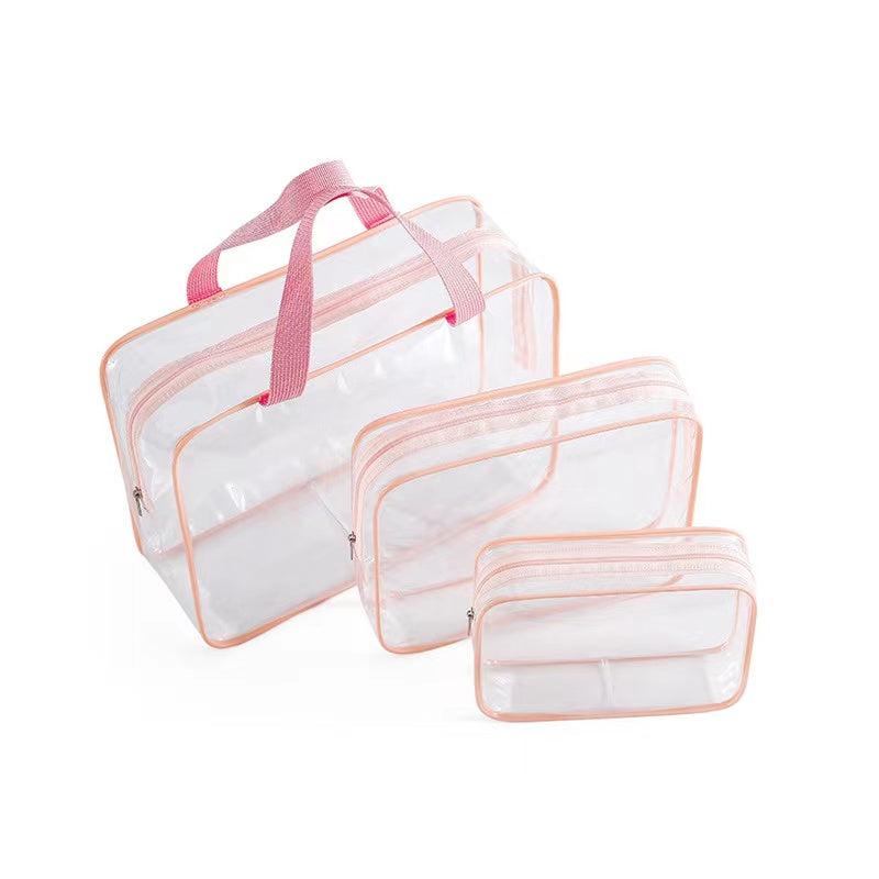 3Pcs Clear Cosmetics Toiletry Bag Portable PVC Travel Wash Storage Grey Pink