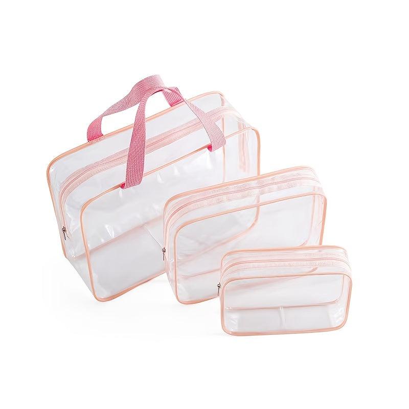 3Pcs Clear Cosmetics Toiletry Bag Portable PVC Travel Wash Storage Grey Pink