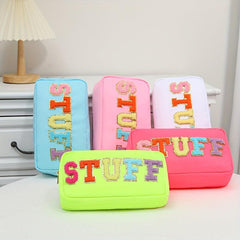 Preppy Makeup Pouch Chenille Letter Patch Zipper Makeup Bags Nylon Toiletry Bag