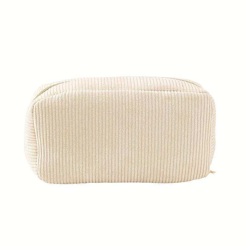 Beige Corduroy Makeup Bag Zipper Travel Brush Holder Organizer