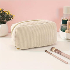 Beige Corduroy Makeup Bag Zipper Travel Brush Holder Organizer
