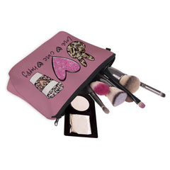 Leopard Print Zipper Makeup Bag Heart Coffee Cup Pattern Waterproof Purse