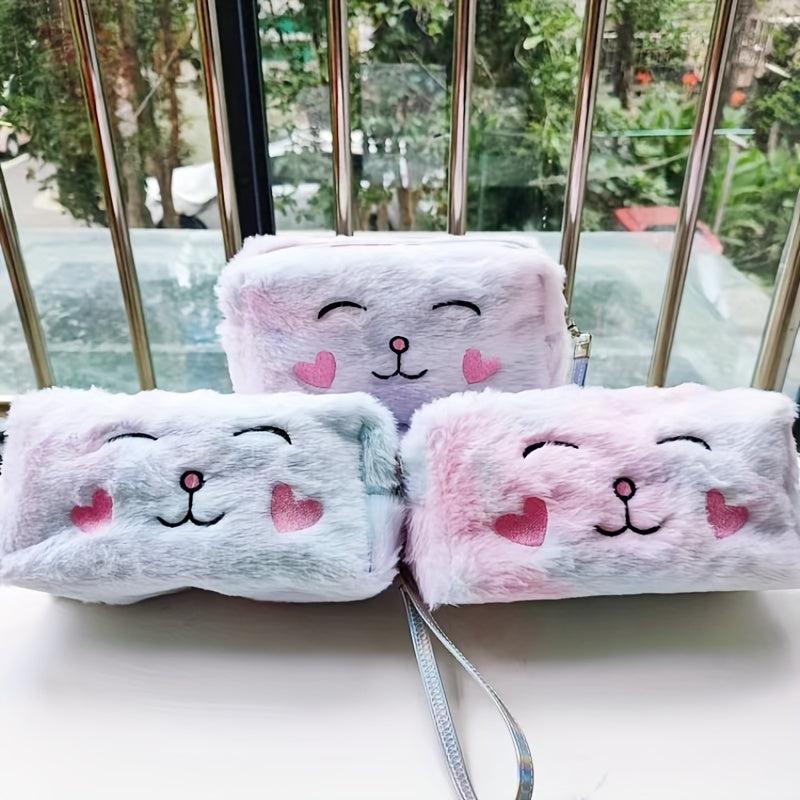 Plush Makeup Bag Soft Zipper Pouch With Wrist Strap