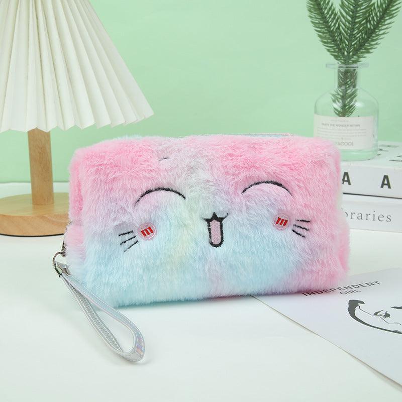 Plush Makeup Bag Soft Zipper Pouch With Wrist Strap