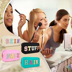 Waterproof Cosmetic Bag w/ Embroidered Letter Stickers - Stylish Storage