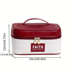 Rhombus Plaid Makeup Case Large Capacity Cosmetic Bag Wine Red Gift