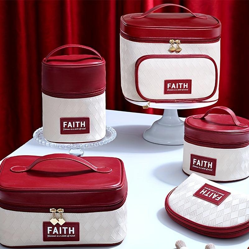 Rhombus Plaid Makeup Case Large Capacity Cosmetic Bag Wine Red Gift